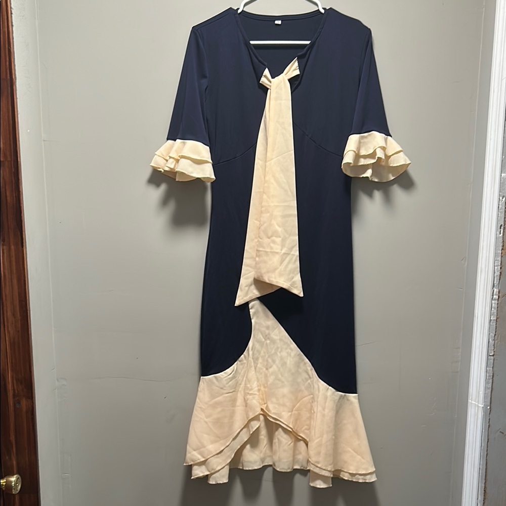Elegant Blue and Cream High Low Sundress with Flutter Sleeves